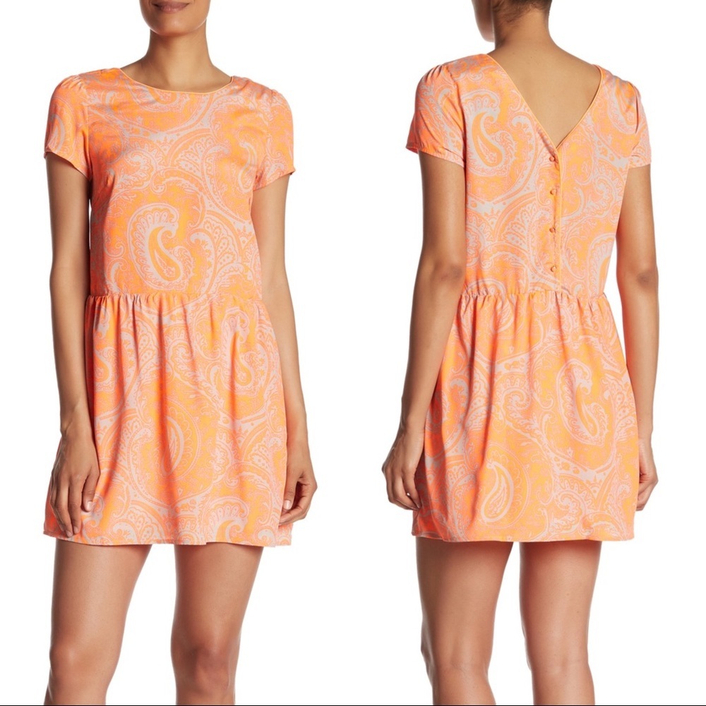 FRNCH Nordstrom $90 Short Sleeve Paisley Print Dress Neon Orange